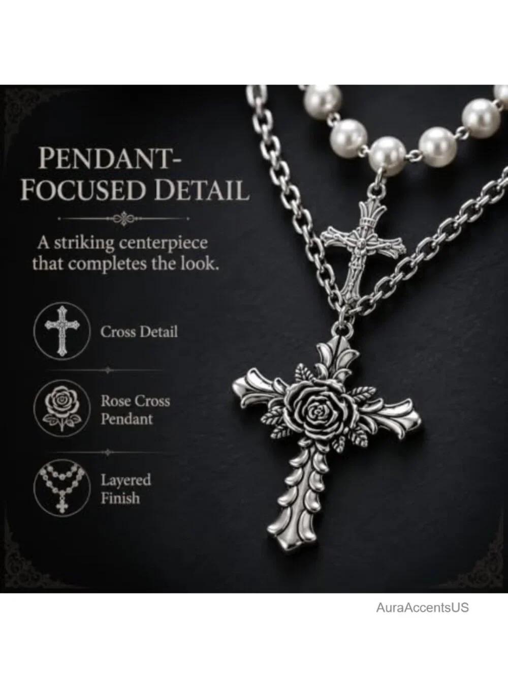 Layered Pearl Necklace Women Gothic Cross Pendant Punk Alternative Statement